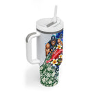 Personalized Carlton Football Blues Tumbler With Handle Tropical Hibiscus Flowers - Pacific Fusion Style