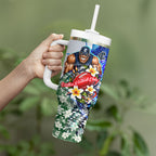 Personalized Carlton Football Blues Tumbler With Handle Tropical Hibiscus Flowers - Pacific Fusion Style