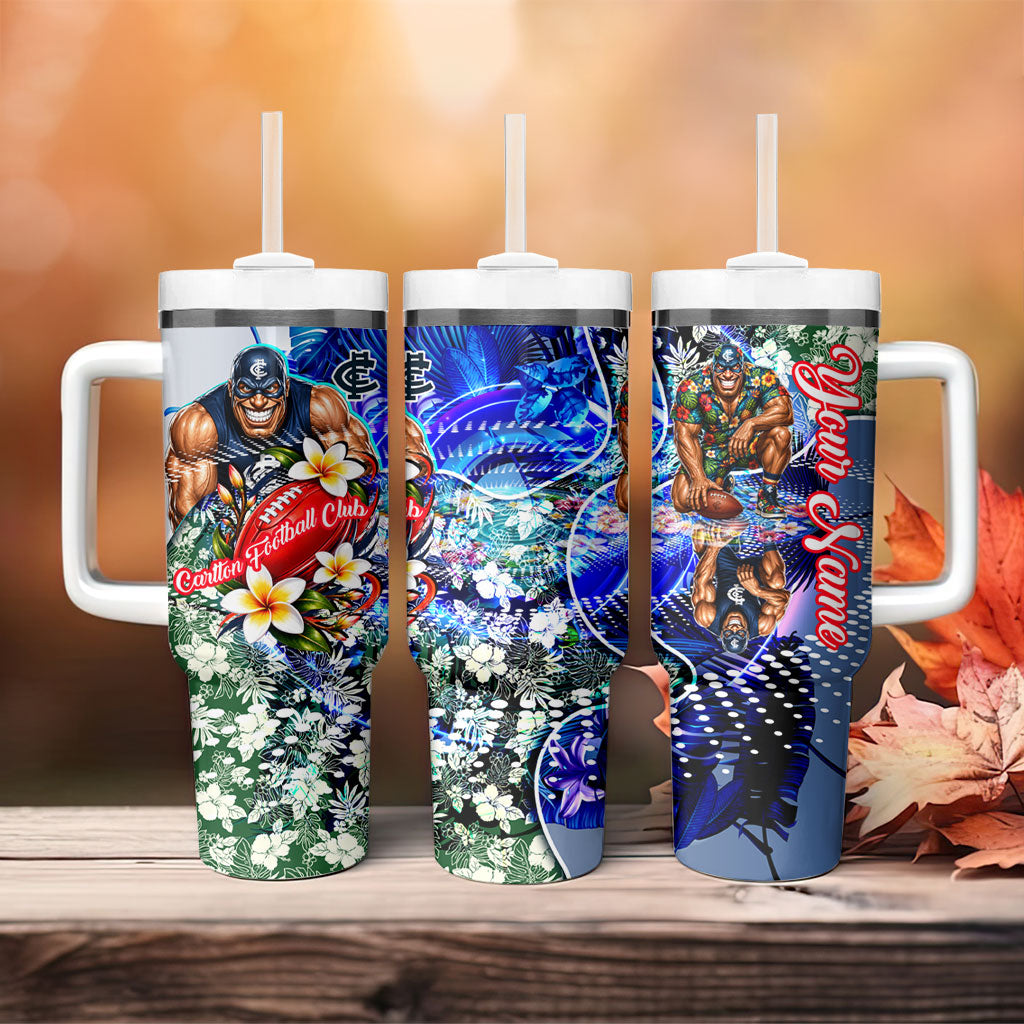 Personalized Carlton Football Blues Tumbler With Handle Tropical Hibiscus Flowers - Pacific Fusion Style