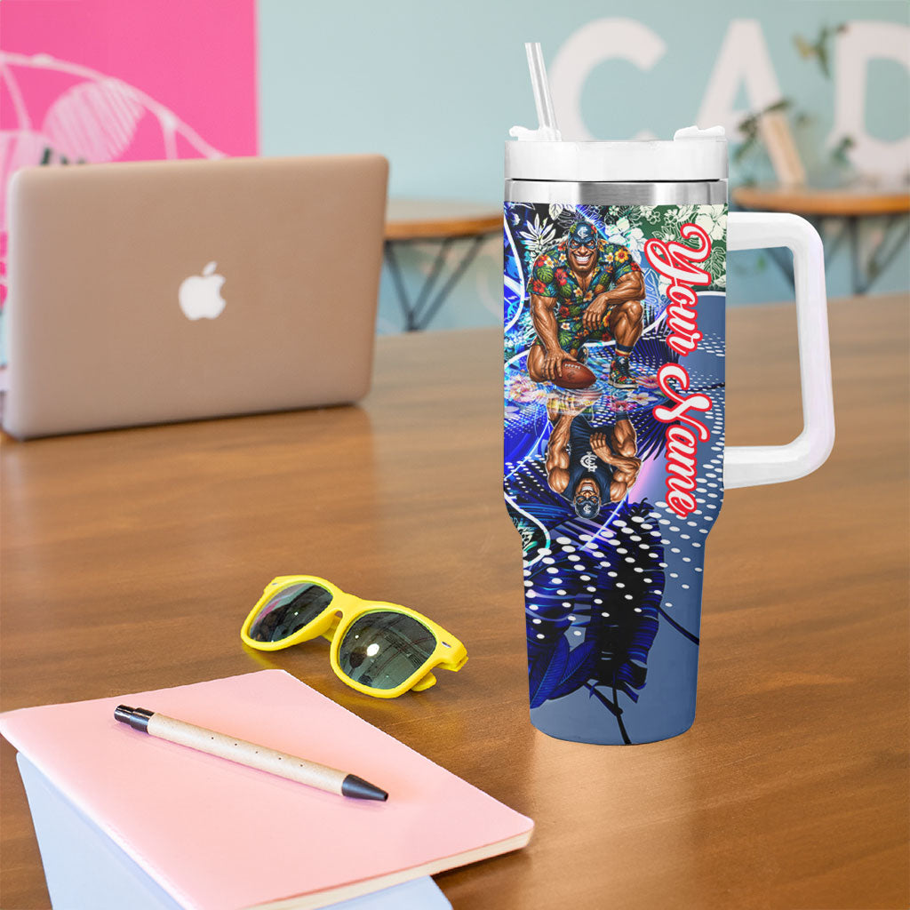 Personalized Carlton Football Blues Tumbler With Handle Tropical Hibiscus Flowers - Pacific Fusion Style