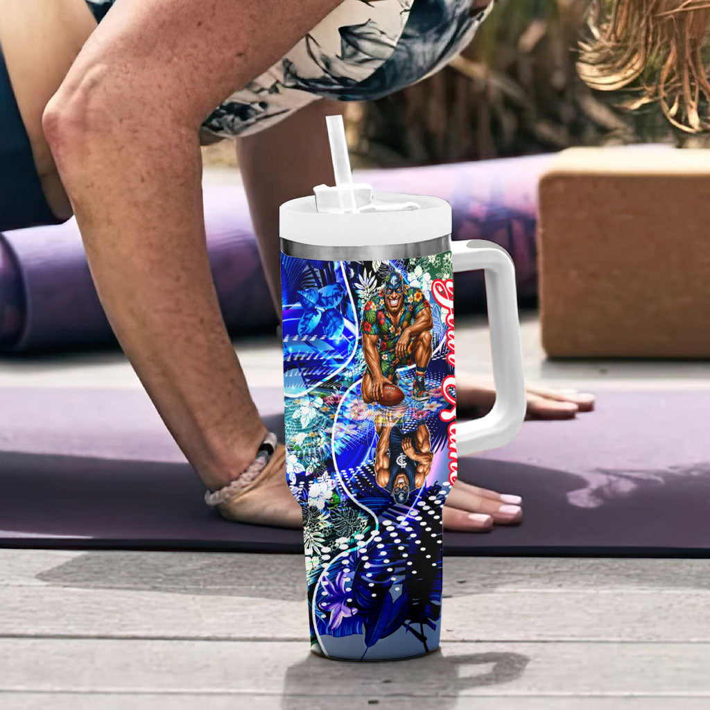 Personalized Carlton Football Blues Tumbler With Handle Tropical Hibiscus Flowers - Pacific Fusion Style