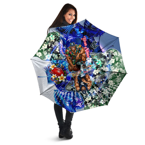 Personalized Carlton Football Blues Umbrella Tropical Hibiscus Flowers - Pacific Fusion Style