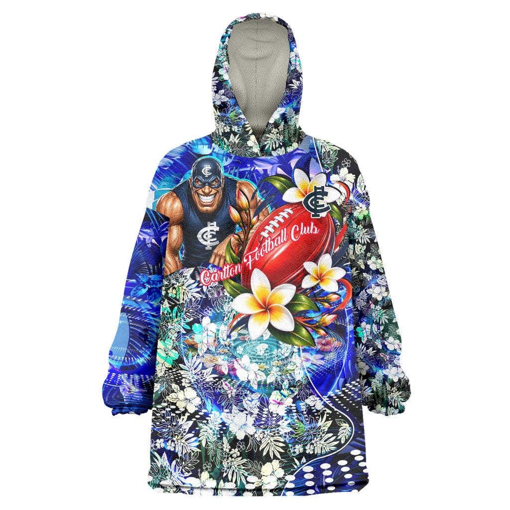 Personalized Carlton Football Blues Wearable Blanket Hoodie Tropical Hibiscus Flowers - Pacific Fusion Style