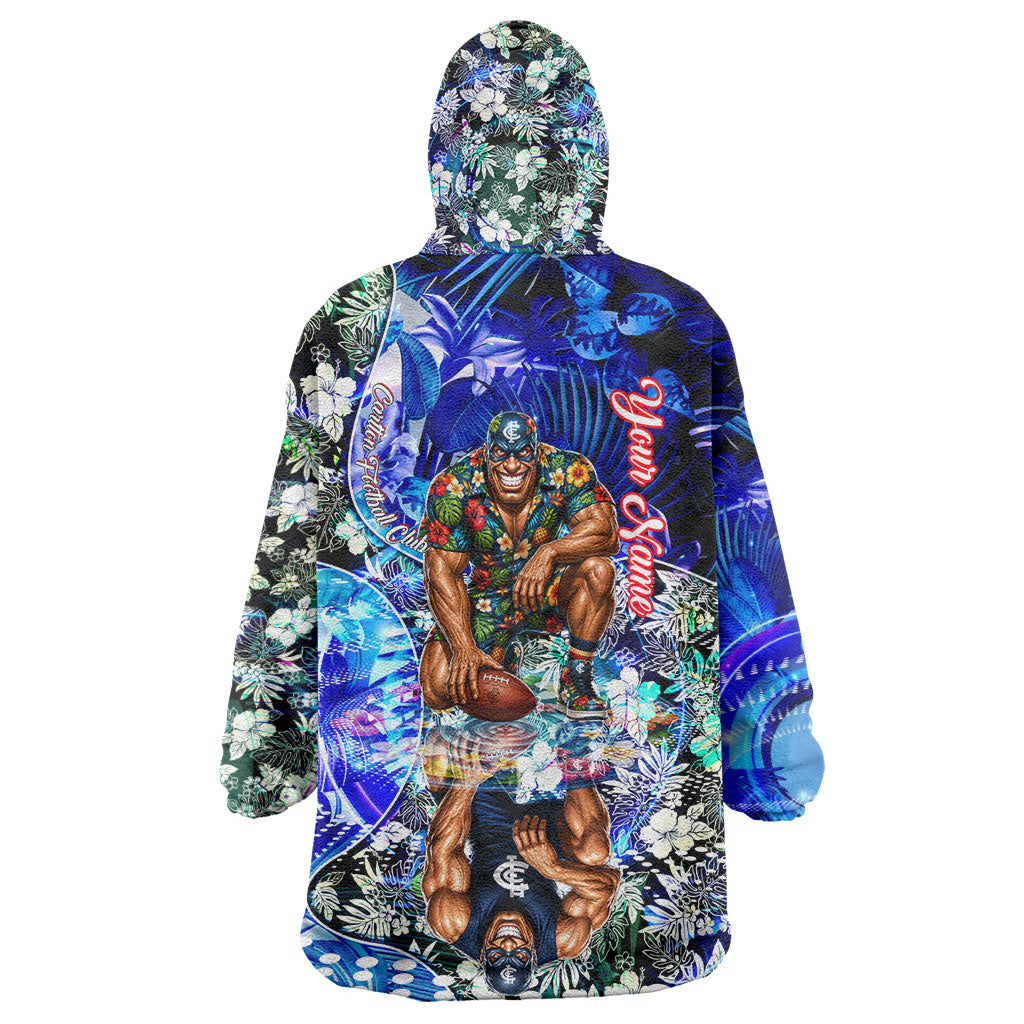 Personalized Carlton Football Blues Wearable Blanket Hoodie Tropical Hibiscus Flowers - Pacific Fusion Style