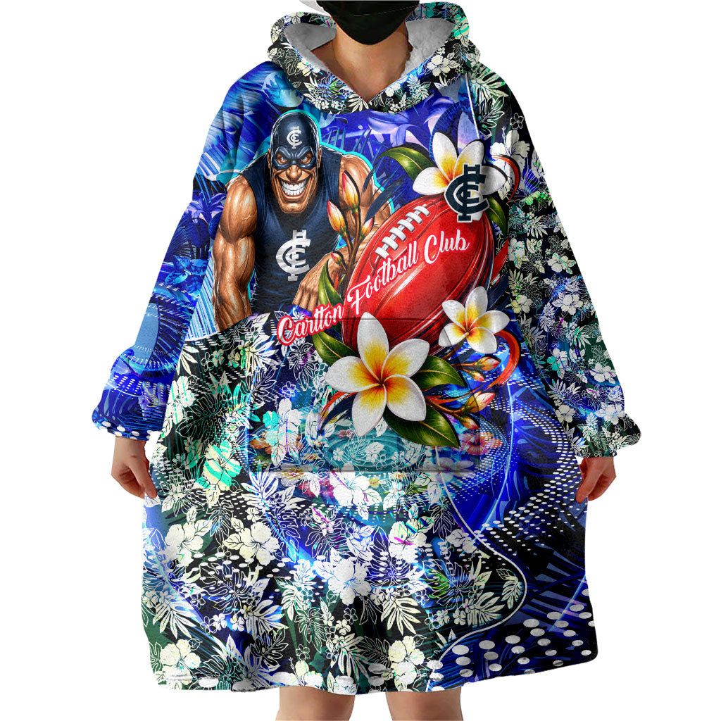 Personalized Carlton Football Blues Wearable Blanket Hoodie Tropical Hibiscus Flowers - Pacific Fusion Style
