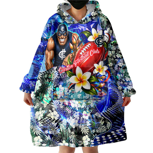 Personalized Carlton Football Blues Wearable Blanket Hoodie Tropical Hibiscus Flowers - Pacific Fusion Style