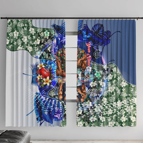 Personalized Carlton Football Blues Window Curtain Tropical Hibiscus Flowers - Pacific Fusion Style