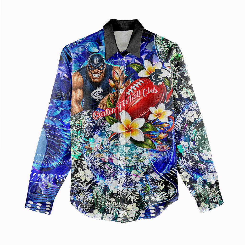 Personalized Carlton Football Blues Women Casual Shirt Tropical Hibiscus Flowers - Pacific Fusion Style
