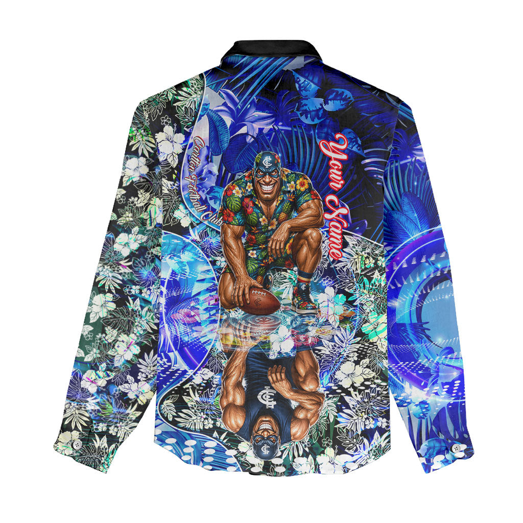 Personalized Carlton Football Blues Women Casual Shirt Tropical Hibiscus Flowers - Pacific Fusion Style