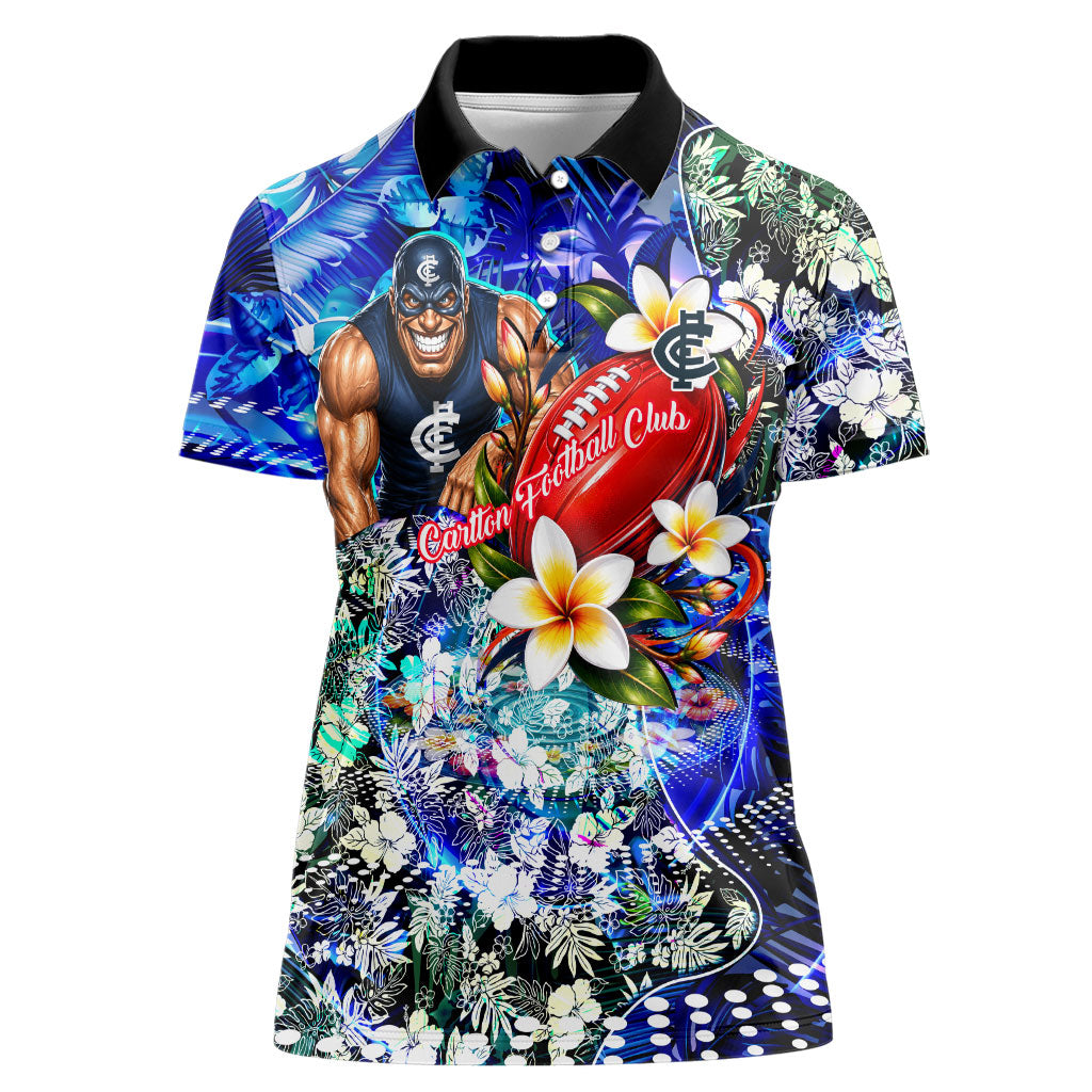 Personalized Carlton Football Blues Women Polo Shirt Tropical Hibiscus Flowers - Pacific Fusion Style