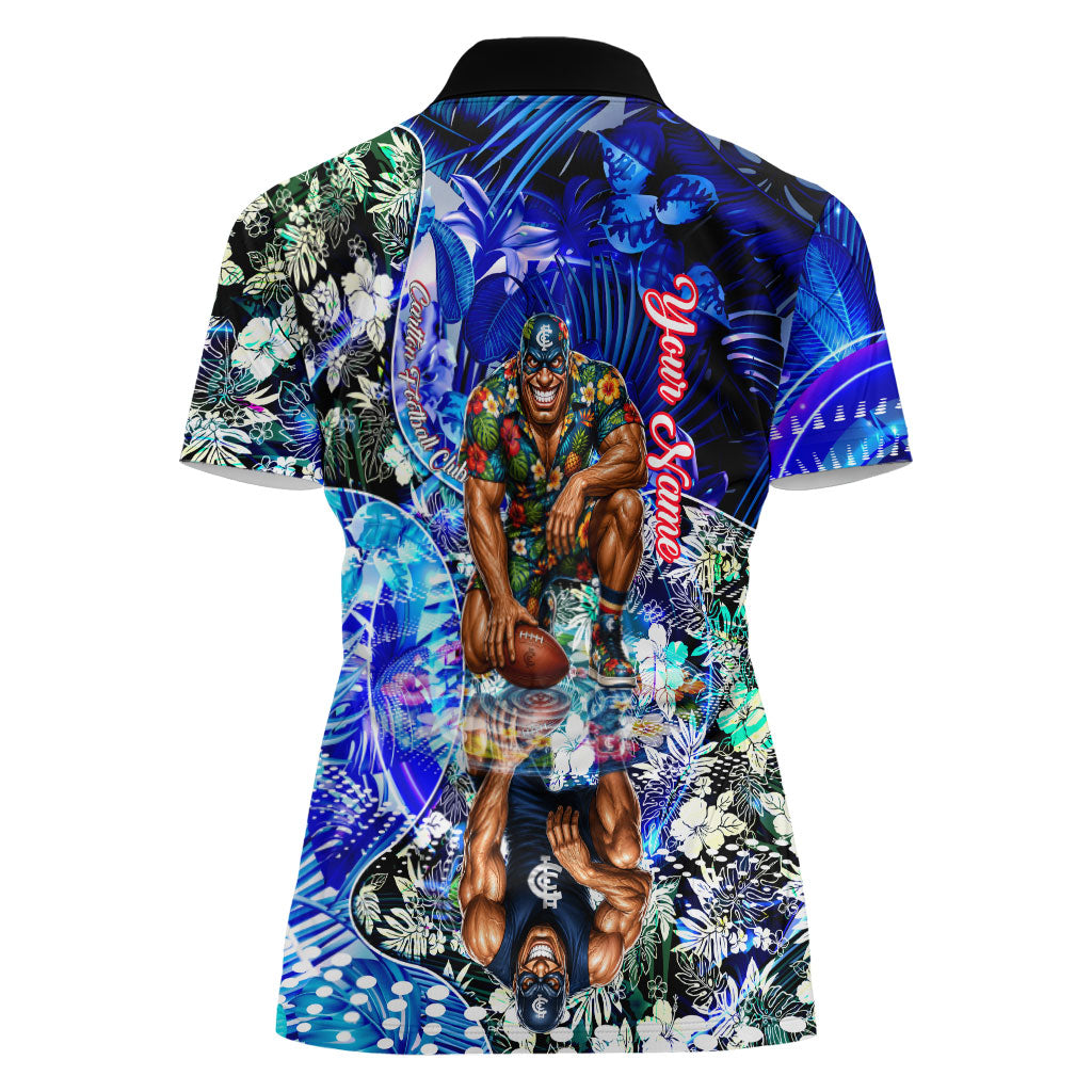 Personalized Carlton Football Blues Women Polo Shirt Tropical Hibiscus Flowers - Pacific Fusion Style