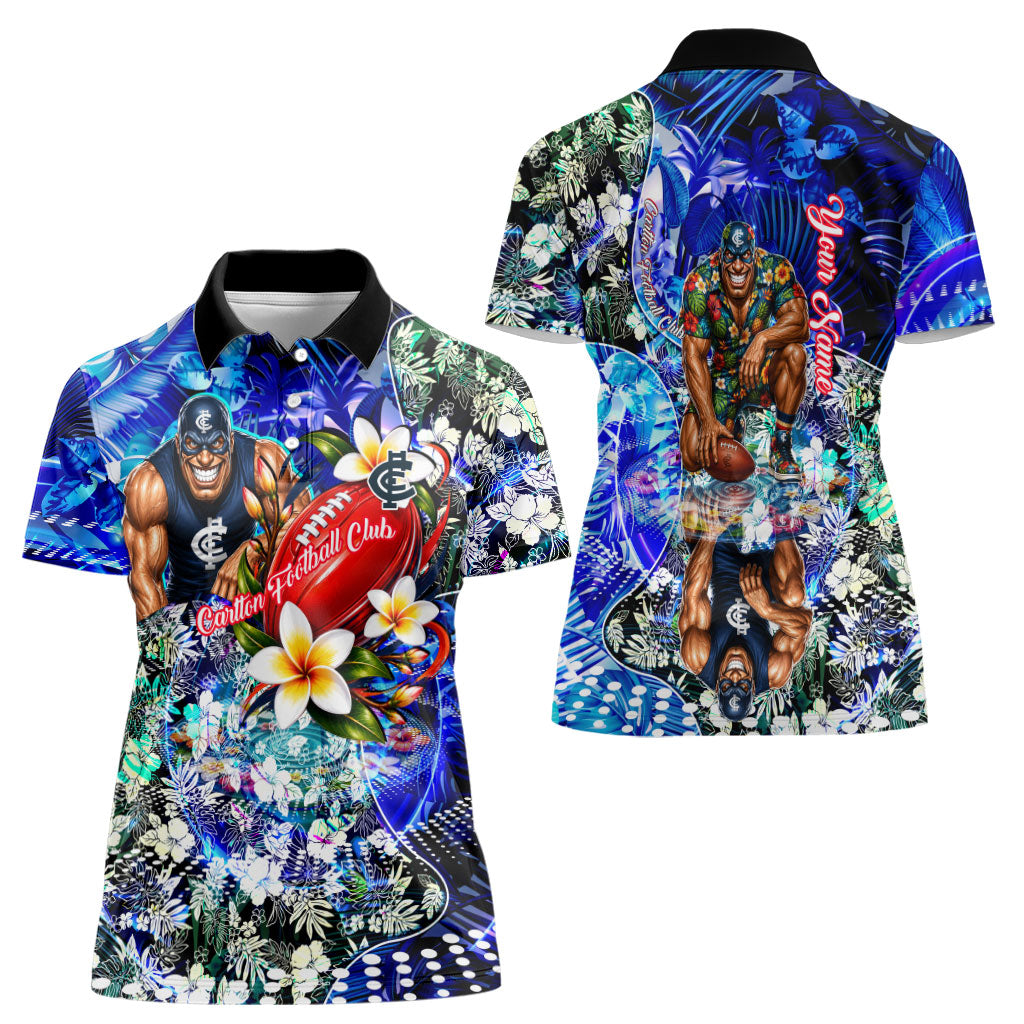 Personalized Carlton Football Blues Women Polo Shirt Tropical Hibiscus Flowers - Pacific Fusion Style