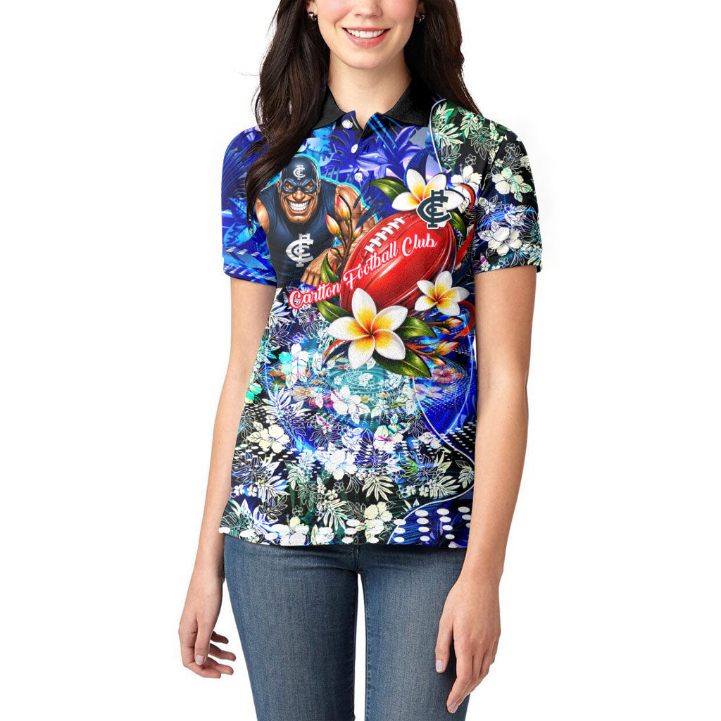 Personalized Carlton Football Blues Women Polo Shirt Tropical Hibiscus Flowers - Pacific Fusion Style