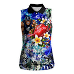 Personalized Carlton Football Blues Women Sleeveless Polo Shirt Tropical Hibiscus Flowers - Pacific Fusion Style