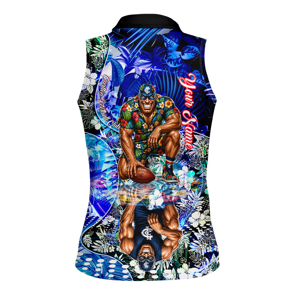 Personalized Carlton Football Blues Women Sleeveless Polo Shirt Tropical Hibiscus Flowers - Pacific Fusion Style