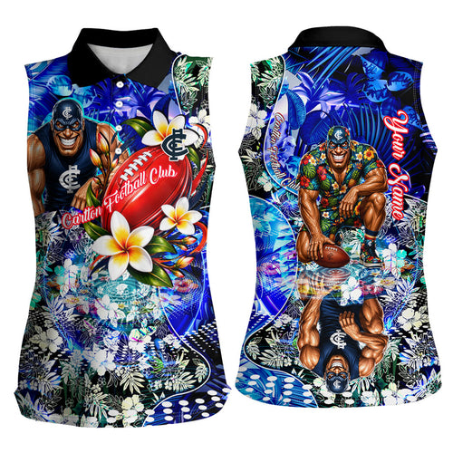 Personalized Carlton Football Blues Women Sleeveless Polo Shirt Tropical Hibiscus Flowers - Pacific Fusion Style