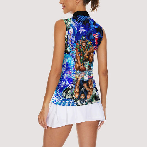 Personalized Carlton Football Blues Women Sleeveless Polo Shirt Tropical Hibiscus Flowers - Pacific Fusion Style