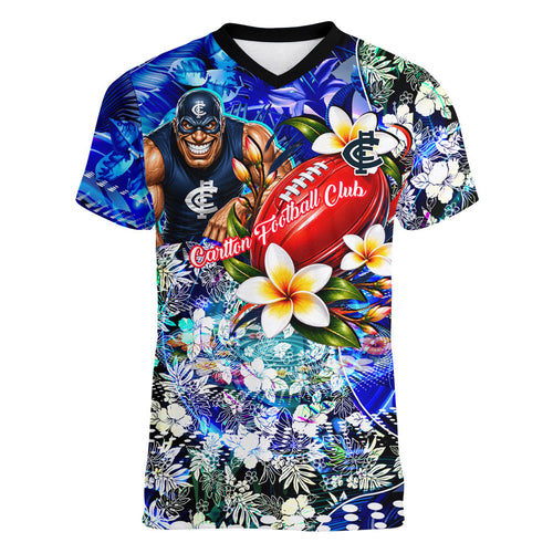 Personalized Carlton Football Blues Women V-Neck T-Shirt Tropical Hibiscus Flowers - Pacific Fusion Style