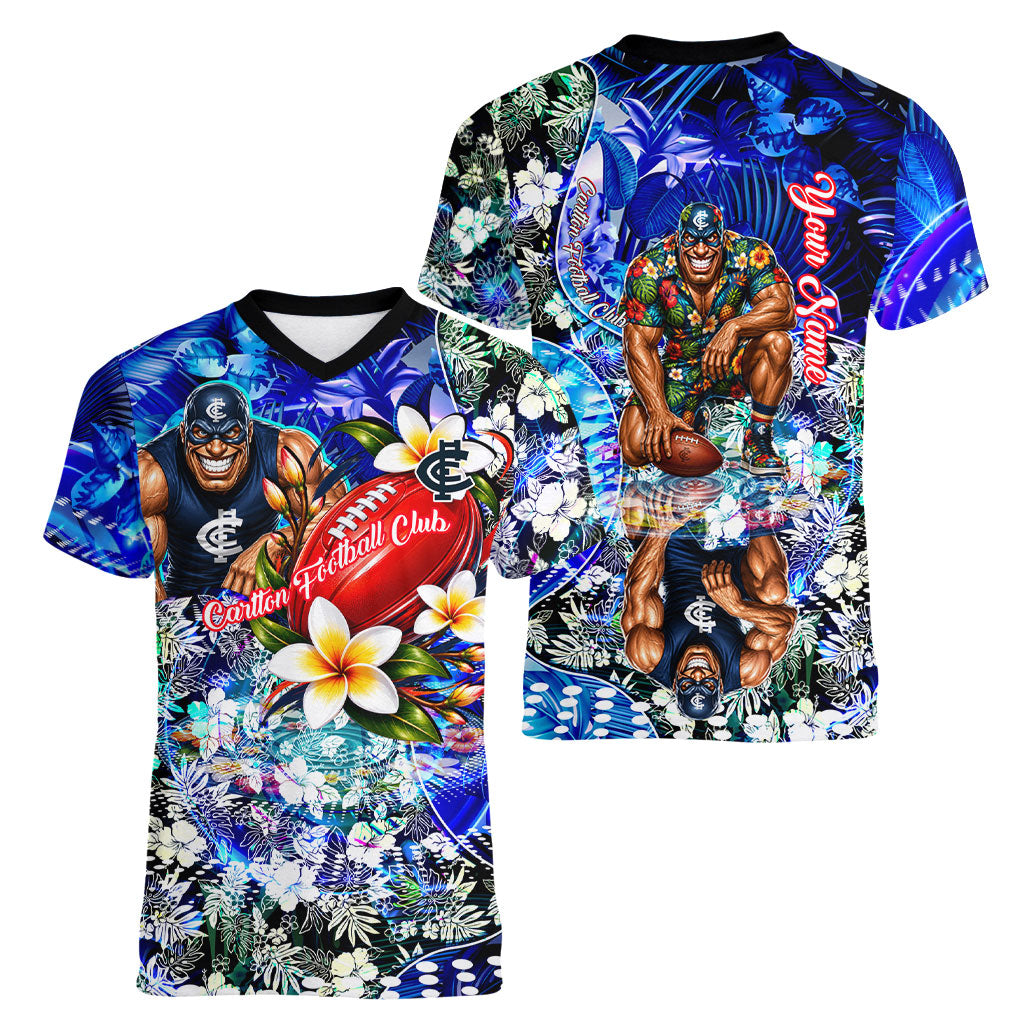 Personalized Carlton Football Blues Women V-Neck T-Shirt Tropical Hibiscus Flowers - Pacific Fusion Style
