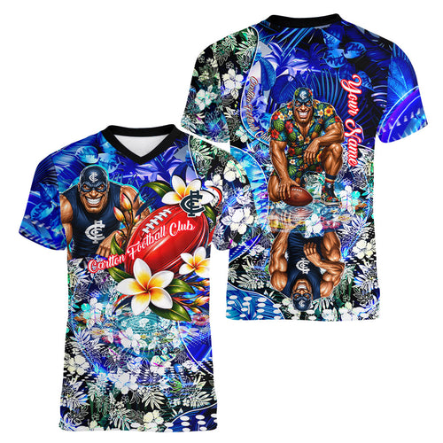 Personalized Carlton Football Blues Women V-Neck T-Shirt Tropical Hibiscus Flowers - Pacific Fusion Style