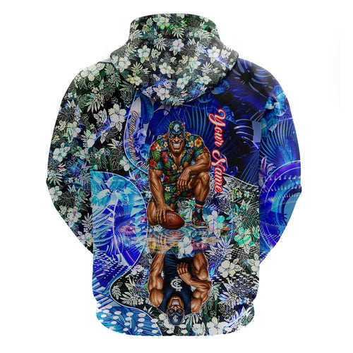 Personalized Carlton Football Blues Zip Hoodie Tropical Hibiscus Flowers - Pacific Fusion Style