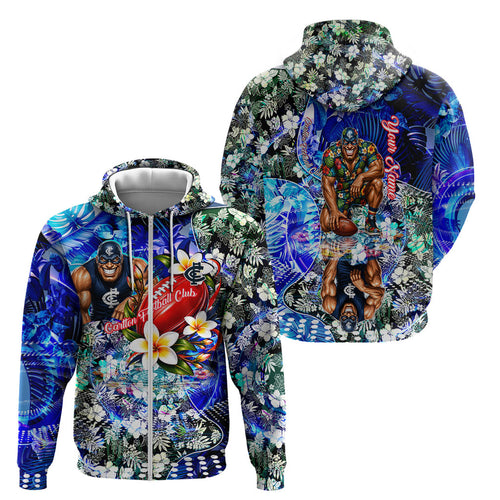 Personalized Carlton Football Blues Zip Hoodie Tropical Hibiscus Flowers - Pacific Fusion Style