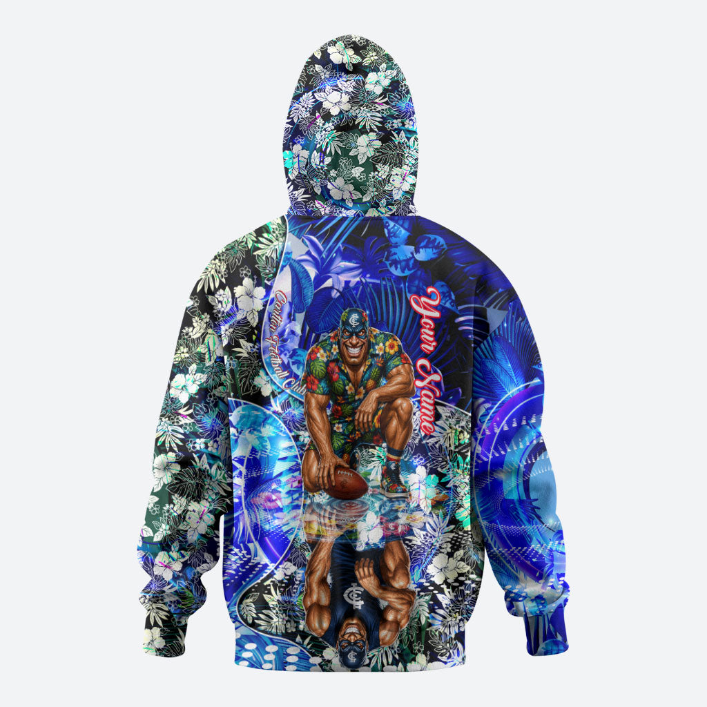 Personalized Carlton Football Blues Zip Hoodie Tropical Hibiscus Flowers - Pacific Fusion Style