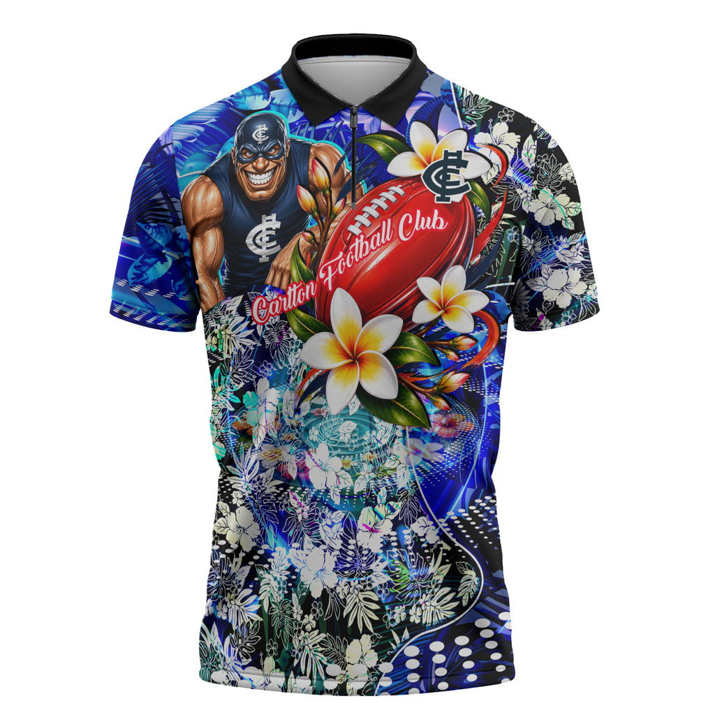 Personalized Carlton Football Blues Zipper Polo Shirt Tropical Hibiscus Flowers - Pacific Fusion Style