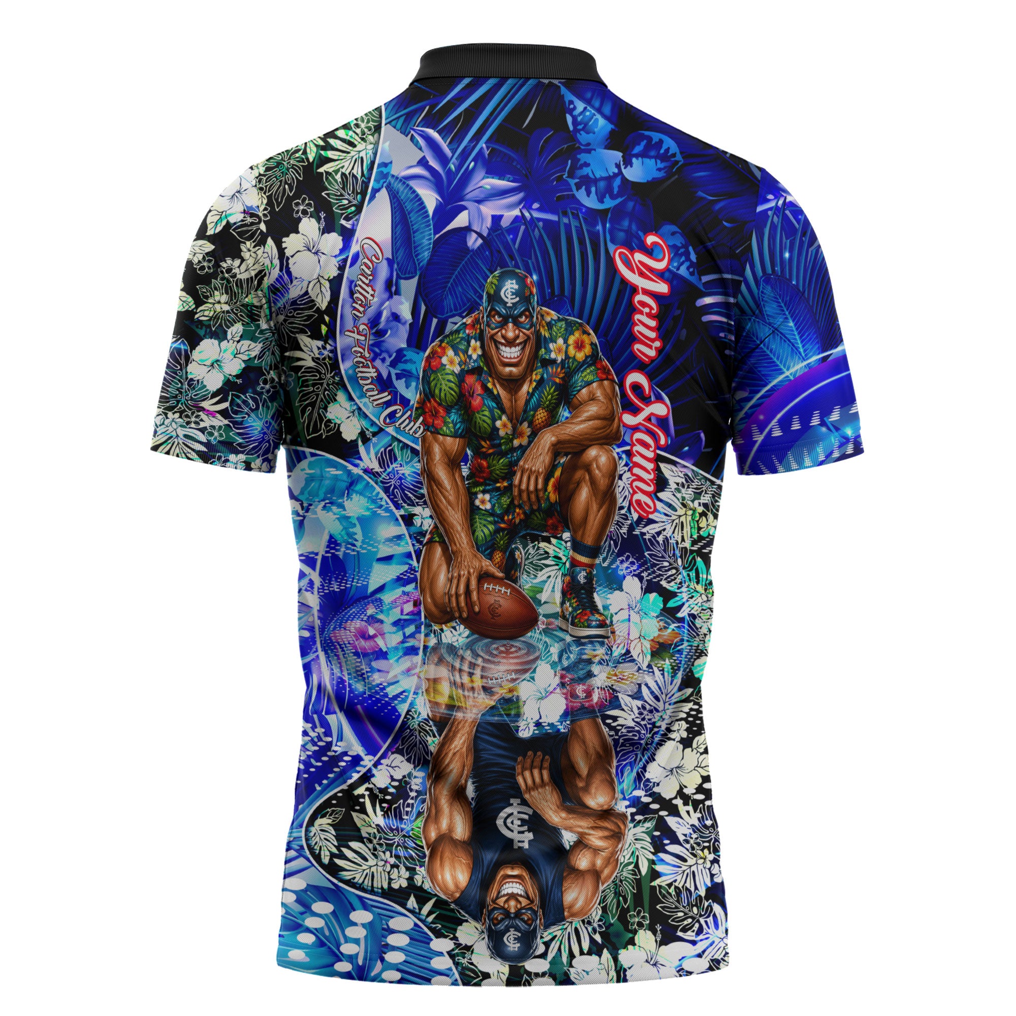 Personalized Carlton Football Blues Zipper Polo Shirt Tropical Hibiscus Flowers - Pacific Fusion Style