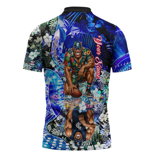 Personalized Carlton Football Blues Zipper Polo Shirt Tropical Hibiscus Flowers - Pacific Fusion Style