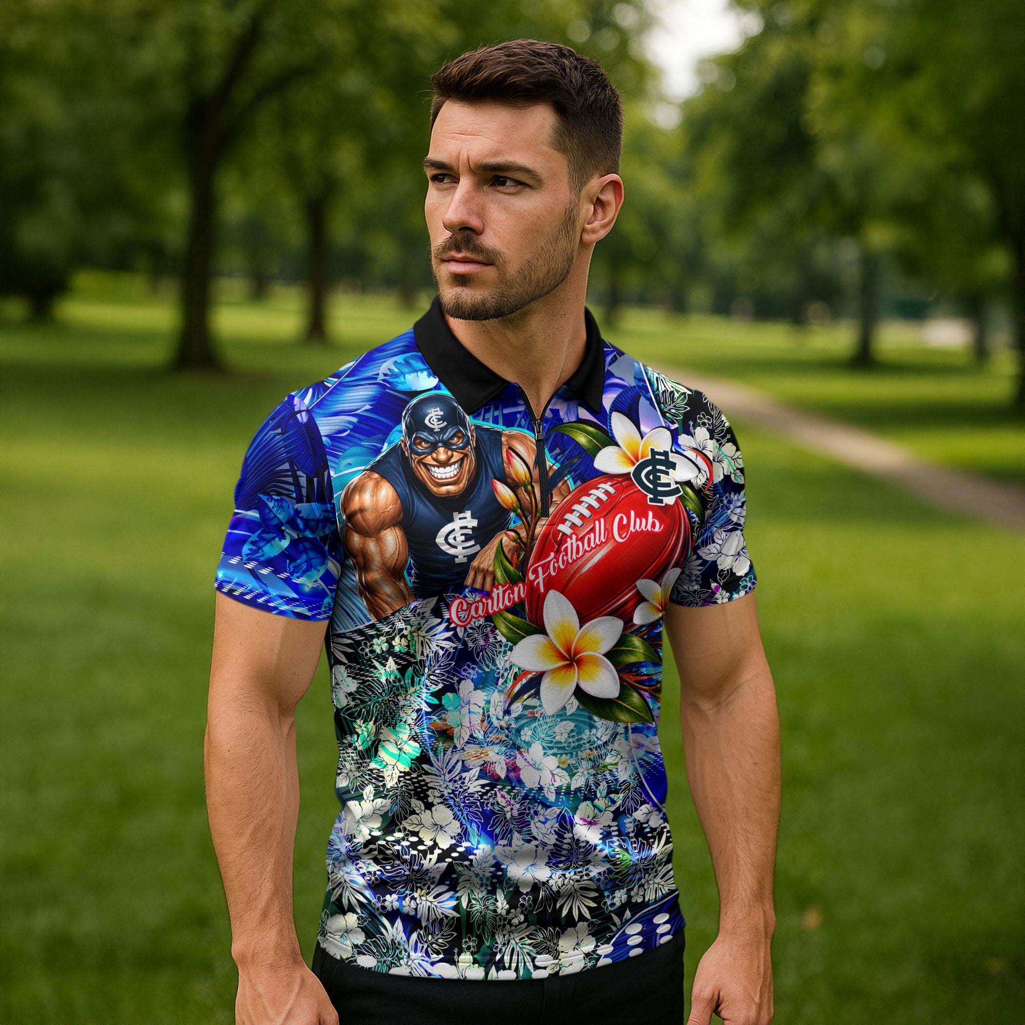 Personalized Carlton Football Blues Zipper Polo Shirt Tropical Hibiscus Flowers - Pacific Fusion Style