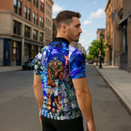 Personalized Carlton Football Blues Zipper Polo Shirt Tropical Hibiscus Flowers - Pacific Fusion Style