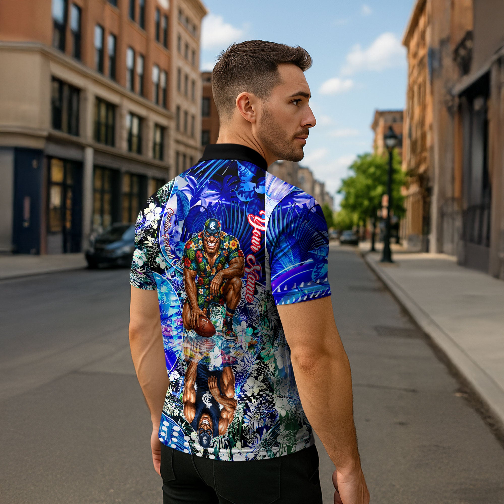 Personalized Carlton Football Blues Zipper Polo Shirt Tropical Hibiscus Flowers - Pacific Fusion Style
