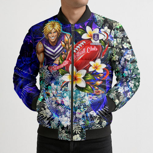 Personalized Fremantle Football Dockers Bomber Puffer Jacket Tropical Hibiscus Flowers - Pacific Fusion Style
