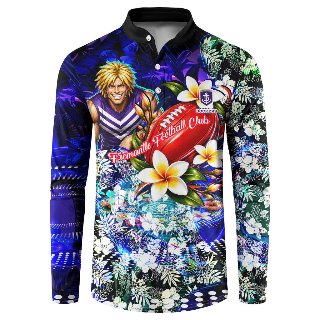 Personalized Fremantle Football Dockers Button Sweatshirt Tropical Hibiscus Flowers - Pacific Fusion Style