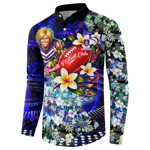 Personalized Fremantle Football Dockers Button Sweatshirt Tropical Hibiscus Flowers - Pacific Fusion Style