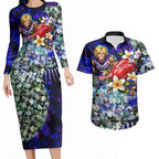 Personalized Fremantle Football Dockers Couples Matching Long Sleeve Bodycon Dress and Hawaiian Shirt Tropical Hibiscus Flowers - Pacific Fusion Style