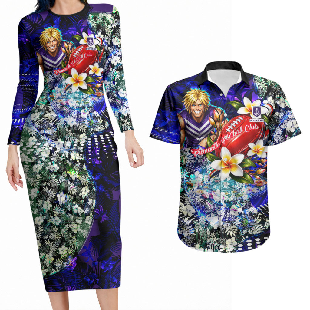 Personalized Fremantle Football Dockers Couples Matching Long Sleeve Bodycon Dress and Hawaiian Shirt Tropical Hibiscus Flowers - Pacific Fusion Style