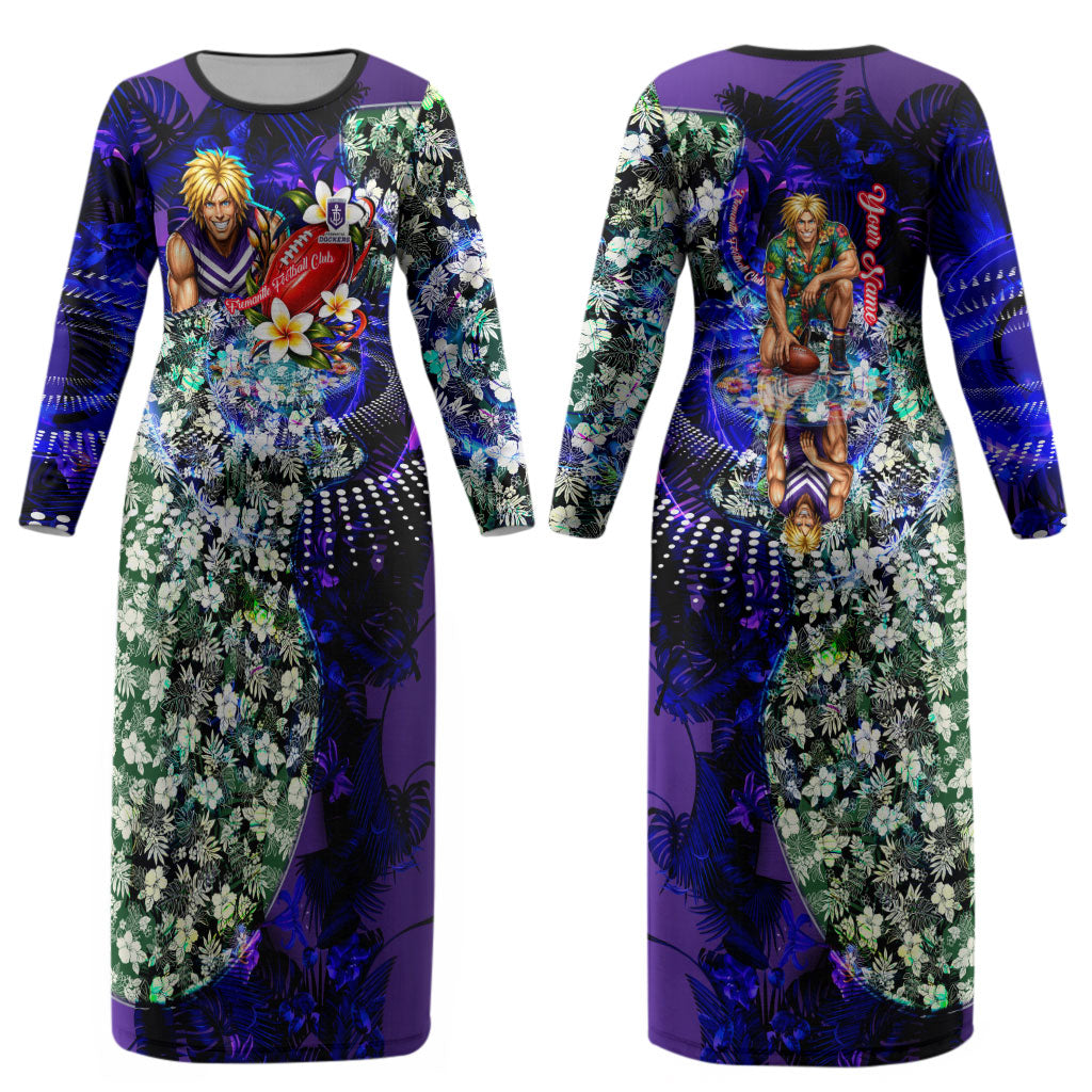 Personalized Fremantle Football Dockers Couples Matching Long Sleeve Bodycon Dress and Hawaiian Shirt Tropical Hibiscus Flowers - Pacific Fusion Style