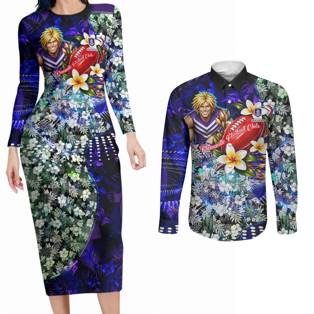 Personalized Fremantle Football Dockers Couples Matching Long Sleeve Bodycon Dress and Long Sleeve Button Shirt Tropical Hibiscus Flowers - Pacific Fusion Style