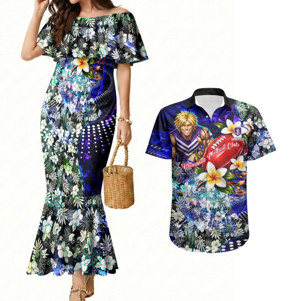 Personalized Fremantle Football Dockers Couples Matching Mermaid Dress and Hawaiian Shirt Tropical Hibiscus Flowers - Pacific Fusion Style