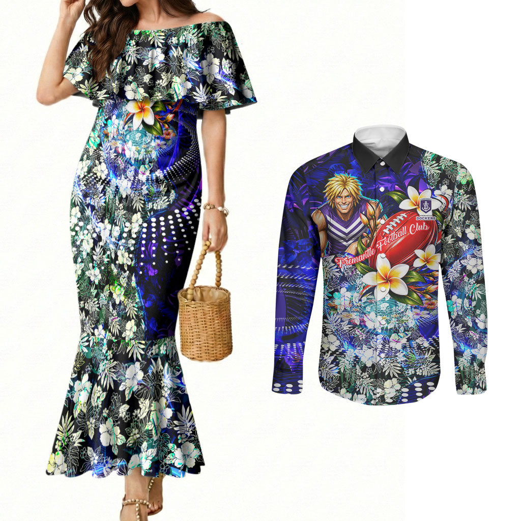 Personalized Fremantle Football Dockers Couples Matching Mermaid Dress and Long Sleeve Button Shirt Tropical Hibiscus Flowers - Pacific Fusion Style