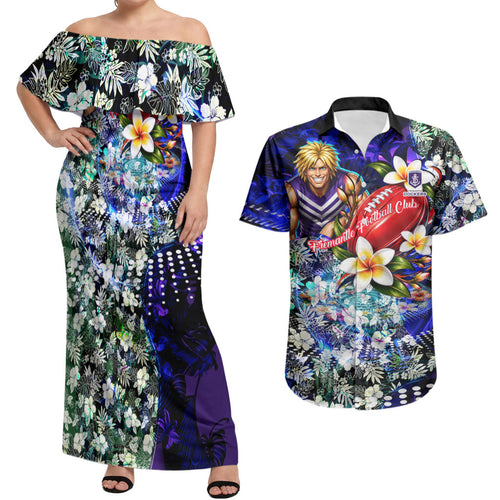 Personalized Fremantle Football Dockers Couples Matching Off Shoulder Maxi Dress and Hawaiian Shirt Tropical Hibiscus Flowers - Pacific Fusion Style