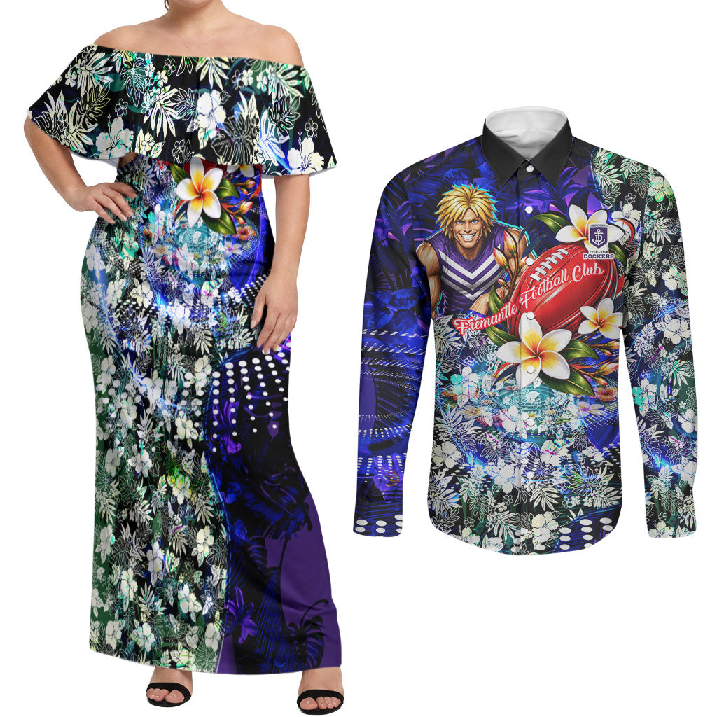 Personalized Fremantle Football Dockers Couples Matching Off Shoulder Maxi Dress and Long Sleeve Button Shirt Tropical Hibiscus Flowers - Pacific Fusion Style