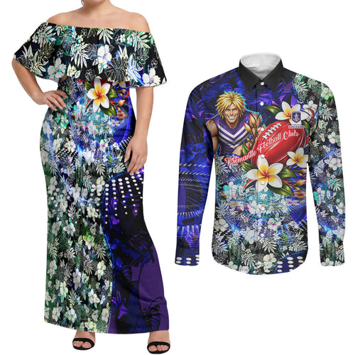 Personalized Fremantle Football Dockers Couples Matching Off Shoulder Maxi Dress and Long Sleeve Button Shirt Tropical Hibiscus Flowers - Pacific Fusion Style