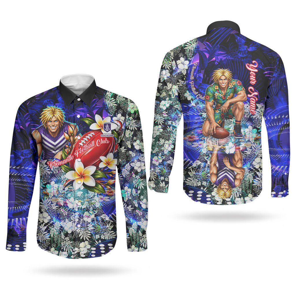 Personalized Fremantle Football Dockers Couples Matching Off Shoulder Maxi Dress and Long Sleeve Button Shirt Tropical Hibiscus Flowers - Pacific Fusion Style
