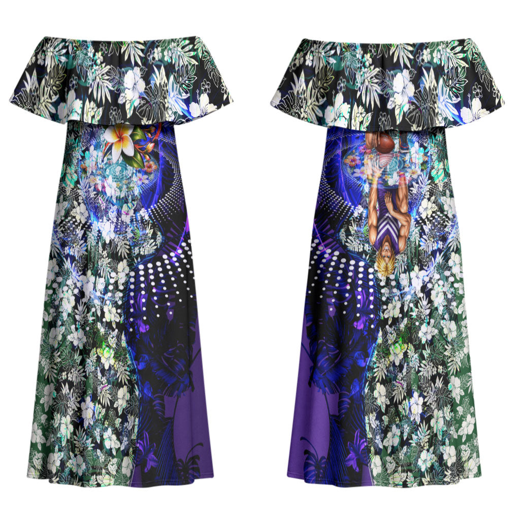 Personalized Fremantle Football Dockers Couples Matching Off Shoulder Maxi Dress and Long Sleeve Button Shirt Tropical Hibiscus Flowers - Pacific Fusion Style