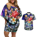 Personalized Fremantle Football Dockers Couples Matching Off Shoulder Short Dress and Hawaiian Shirt Tropical Hibiscus Flowers - Pacific Fusion Style