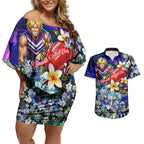 Personalized Fremantle Football Dockers Couples Matching Off Shoulder Short Dress and Hawaiian Shirt Tropical Hibiscus Flowers - Pacific Fusion Style