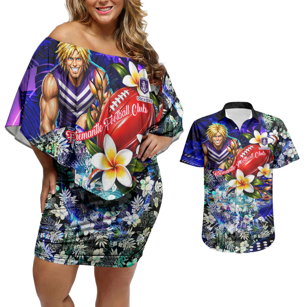 Personalized Fremantle Football Dockers Couples Matching Off Shoulder Short Dress and Hawaiian Shirt Tropical Hibiscus Flowers - Pacific Fusion Style